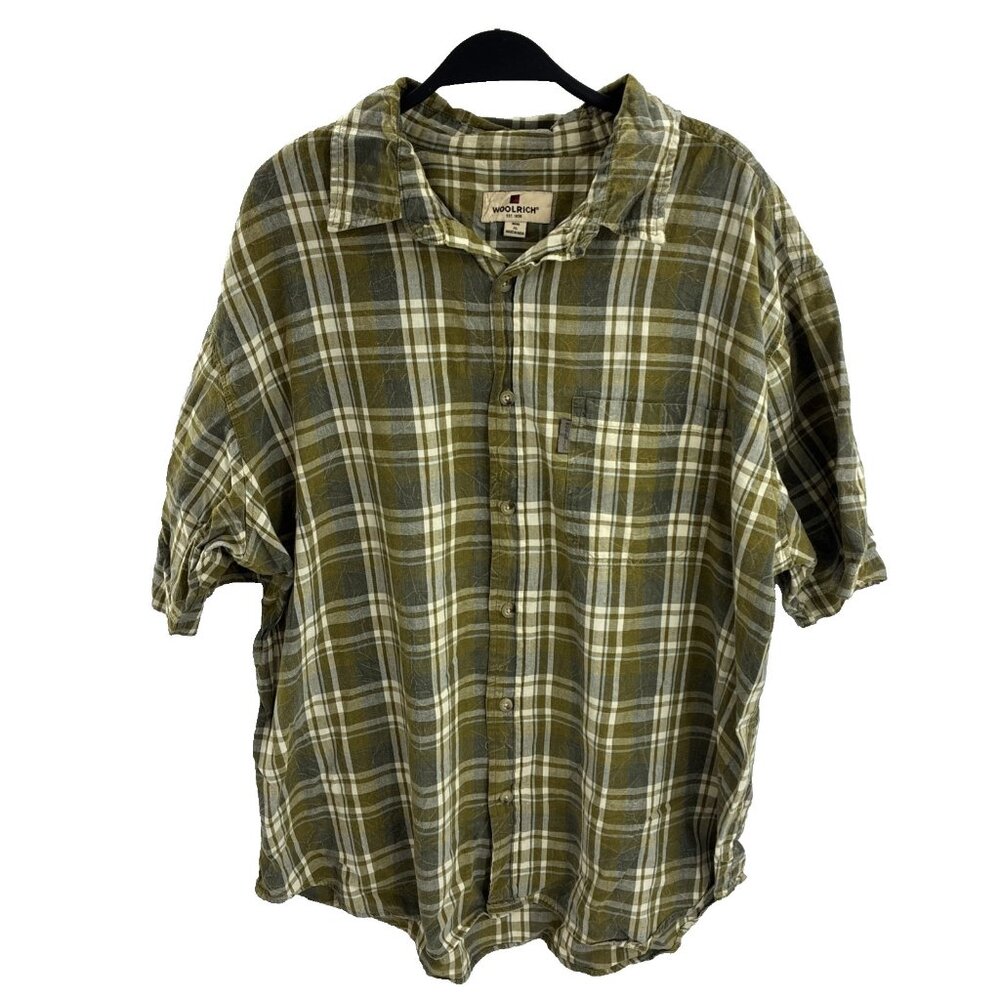 Woolrich Mens XL Shirt Green Plaid Button Front Short Sleeve Outdoor Casual